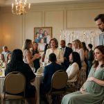 A seven-months-pregnant woman in a sage-green maternity dress sits in shock at her baby shower while her tearful mother-in-law addresses guests in an elegant banquet room.