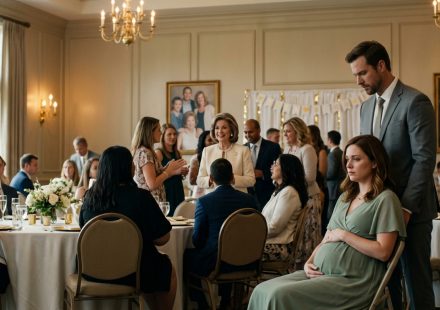 A seven-months-pregnant woman in a sage-green maternity dress sits in shock at her baby shower while her tearful mother-in-law addresses guests in an elegant banquet room.