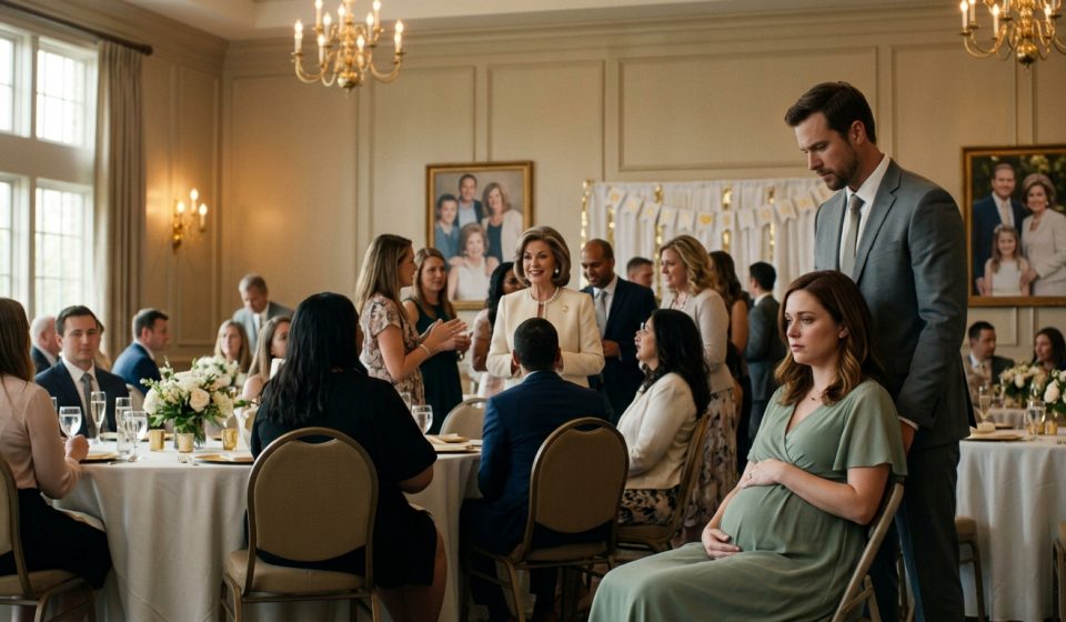 A seven-months-pregnant woman in a sage-green maternity dress sits in shock at her baby shower while her tearful mother-in-law addresses guests in an elegant banquet room.