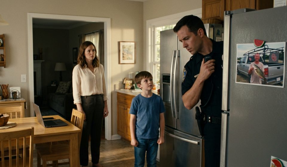 A concerned mother and her eight-year-old son watch as a police officer examines a fishing-trip photograph attached to their kitchen refrigerator.