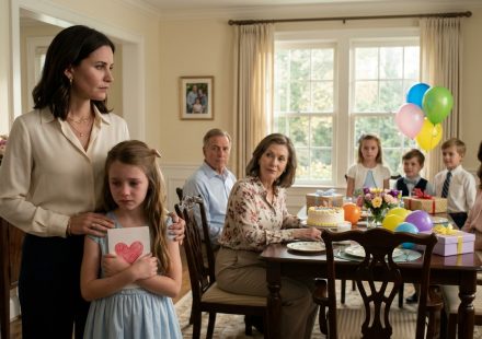 A nine-year-old girl holds a handmade birthday card while her mother stands protectively beside her during a tense family birthday celebration.