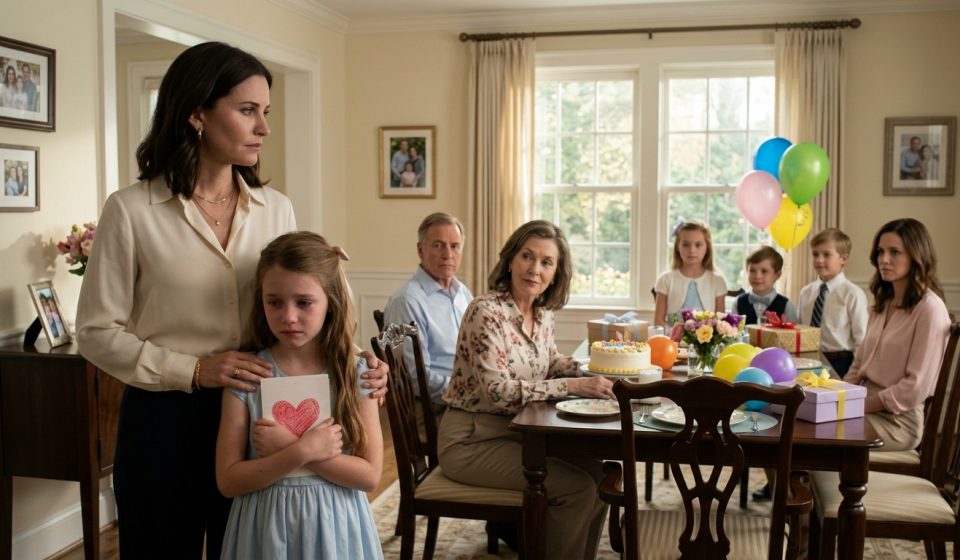 A nine-year-old girl holds a handmade birthday card while her mother stands protectively beside her during a tense family birthday celebration.