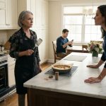 Older woman standing beside unfinished apple cakes after her daughter-in-law turned off my oven while her son sits silently nearby.