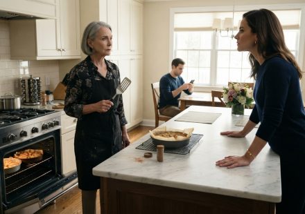 Older woman standing beside unfinished apple cakes after her daughter-in-law turned off my oven while her son sits silently nearby.