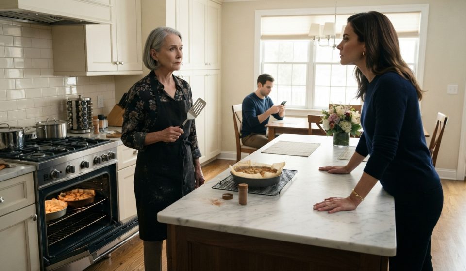 Older woman standing beside unfinished apple cakes after her daughter-in-law turned off my oven while her son sits silently nearby.