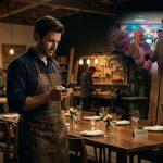A disappointed woodworker standing alone in his newly opened studio, holding his phone beside an empty family table surrounded by handcrafted wooden furniture.