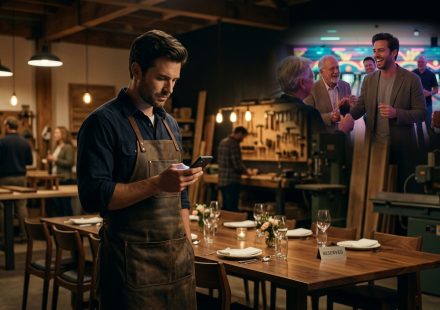 A disappointed woodworker standing alone in his newly opened studio, holding his phone beside an empty family table surrounded by handcrafted wooden furniture.