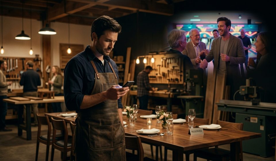 A disappointed woodworker standing alone in his newly opened studio, holding his phone beside an empty family table surrounded by handcrafted wooden furniture.
