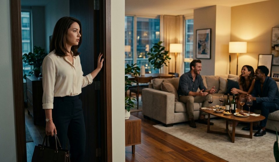 A heartbroken woman overhears her Boyfriend Called Me Just a Roommate while he laughs with friends in their shared apartment.