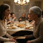 An elderly grandmother secretly passes a mysterious envelope to her granddaughter beneath the dining table during a family Sunday dinner.