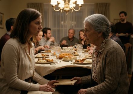 An elderly grandmother secretly passes a mysterious envelope to her granddaughter beneath the dining table during a family Sunday dinner.