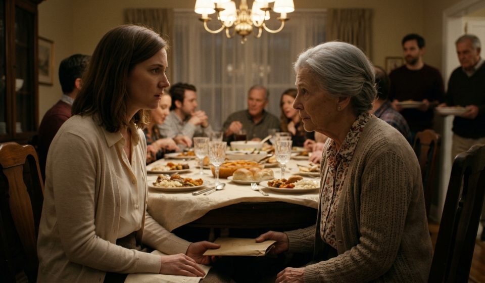 An elderly grandmother secretly passes a mysterious envelope to her granddaughter beneath the dining table during a family Sunday dinner.