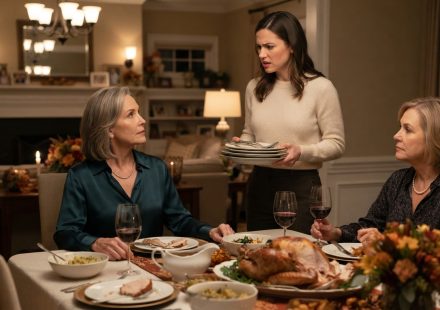 Mother at a tense Thanksgiving dinner telling her daughter to start paying her own bills