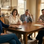 A confident young woman sits across from her parents, older brother, and sister-in-law during a tense family intervention in an elegant dining room.