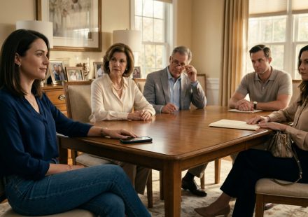 A confident young woman sits across from her parents, older brother, and sister-in-law during a tense family intervention in an elegant dining room.