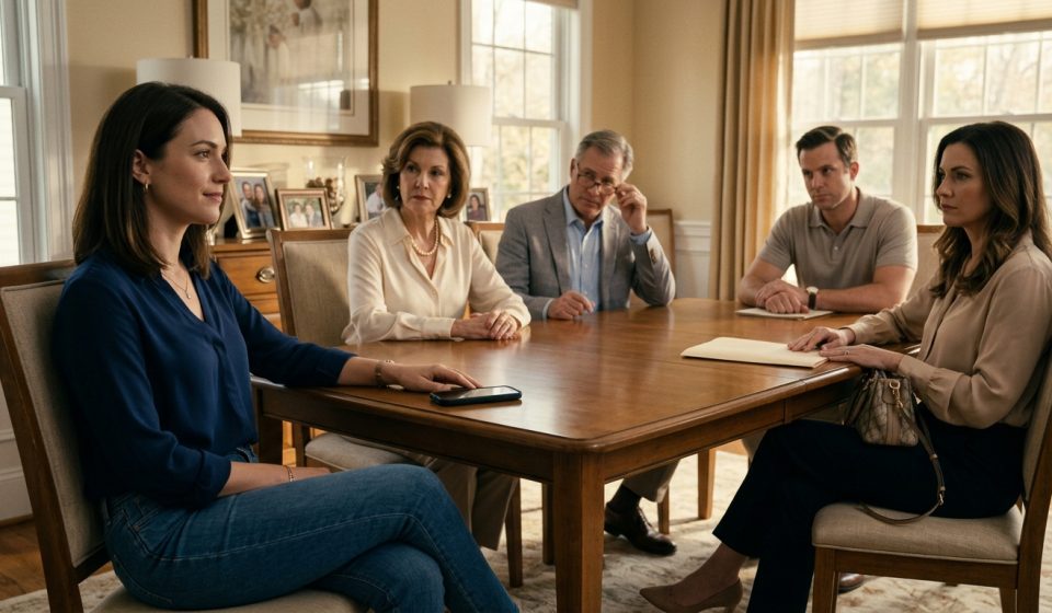 A confident young woman sits across from her parents, older brother, and sister-in-law during a tense family intervention in an elegant dining room.