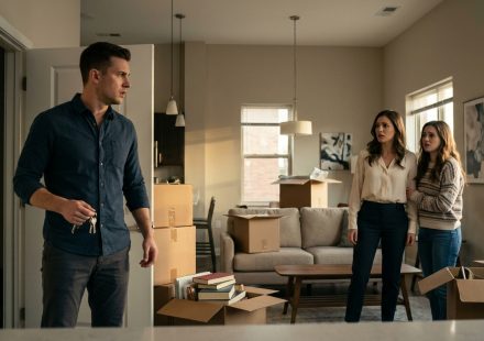 A shocked young man stands inside his sister's apartment after unexpectedly discovering her girlfriend with another woman, beginning a painful family betrayal.