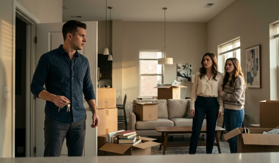 A shocked young man stands inside his sister's apartment after unexpectedly discovering her girlfriend with another woman, beginning a painful family betrayal.