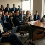 A composed woman opens her laptop during the reading of Uncle Harold's $4.2 Million Estate while her cousin smirks and relatives watch inside a law firm's conference room.