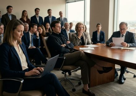 A composed woman opens her laptop during the reading of Uncle Harold's $4.2 Million Estate while her cousin smirks and relatives watch inside a law firm's conference room.