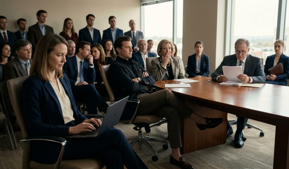 A composed woman opens her laptop during the reading of Uncle Harold's $4.2 Million Estate while her cousin smirks and relatives watch inside a law firm's conference room.