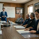 A female engineer studies a spiral-bound engineering report while her boss's young son presents the project to municipal water authority officials in a conference room.