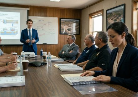 A female engineer studies a spiral-bound engineering report while her boss's young son presents the project to municipal water authority officials in a conference room.