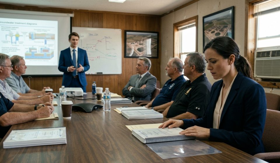 A female engineer studies a spiral-bound engineering report while her boss's young son presents the project to municipal water authority officials in a conference room.