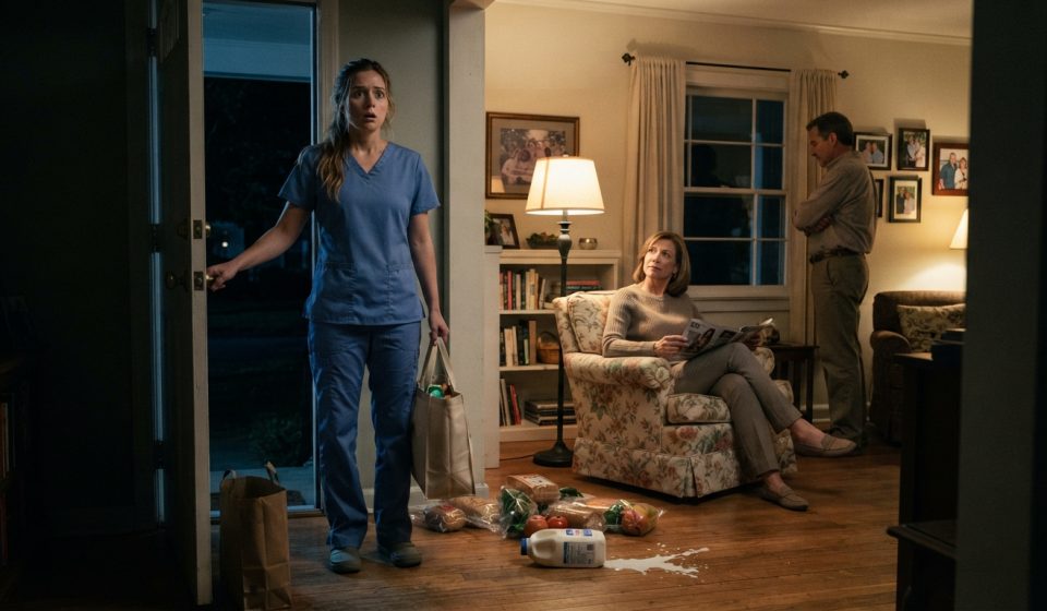 Olivia arriving home with groceries and finding her parents unexpectedly sitting inside her first house late at night.