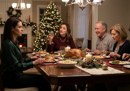 Anna looks hurt at a family dinner as her sister Heather raises a wineglass and demands that Anna babysit four children during Christmas.