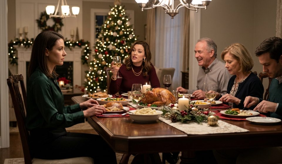 Anna looks hurt at a family dinner as her sister Heather raises a wineglass and demands that Anna babysit four children during Christmas.