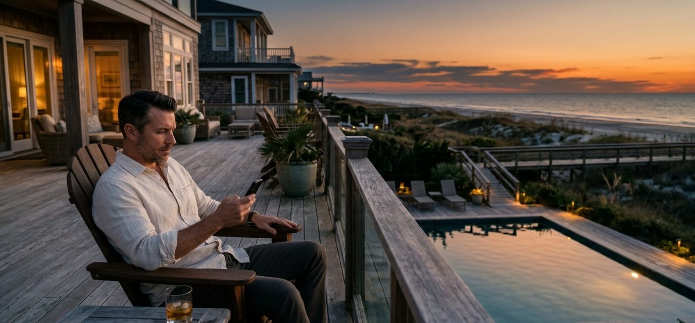 A successful man sits on the deck of his luxury beachfront home at sunset, looking at family messages demanding a reunion at his property.