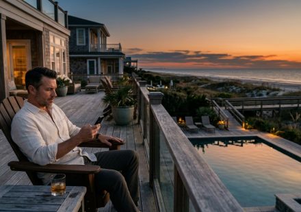 A successful man sits on the deck of his luxury beachfront home at sunset, looking at family messages demanding a reunion at his property.