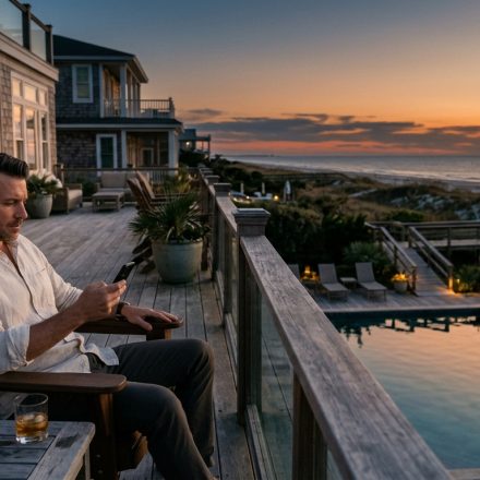 A successful man sits on the deck of his luxury beachfront home at sunset, looking at family messages demanding a reunion at his property.