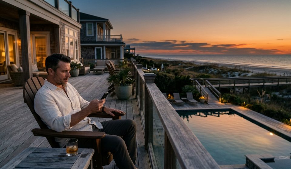 A successful man sits on the deck of his luxury beachfront home at sunset, looking at family messages demanding a reunion at his property.
