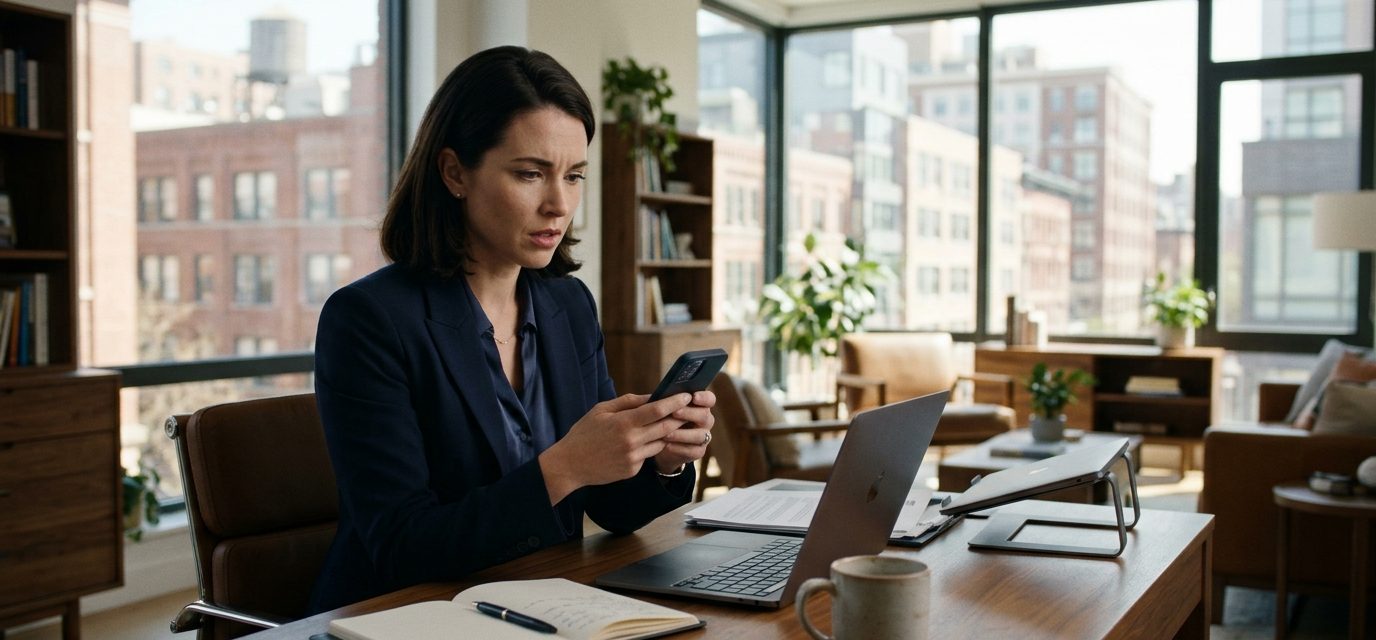A 32-year-old professional woman sits in her modern apartment, looking shocked at a family message on her phone while reviewing property records on her laptop.