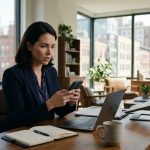 A 32-year-old professional woman sits in her modern apartment, looking shocked at a family message on her phone while reviewing property records on her laptop.
