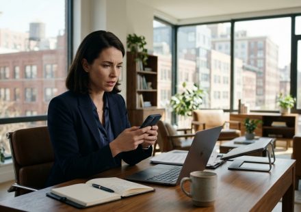A 32-year-old professional woman sits in her modern apartment, looking shocked at a family message on her phone while reviewing property records on her laptop.