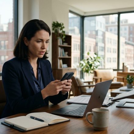 A 32-year-old professional woman sits in her modern apartment, looking shocked at a family message on her phone while reviewing property records on her laptop.