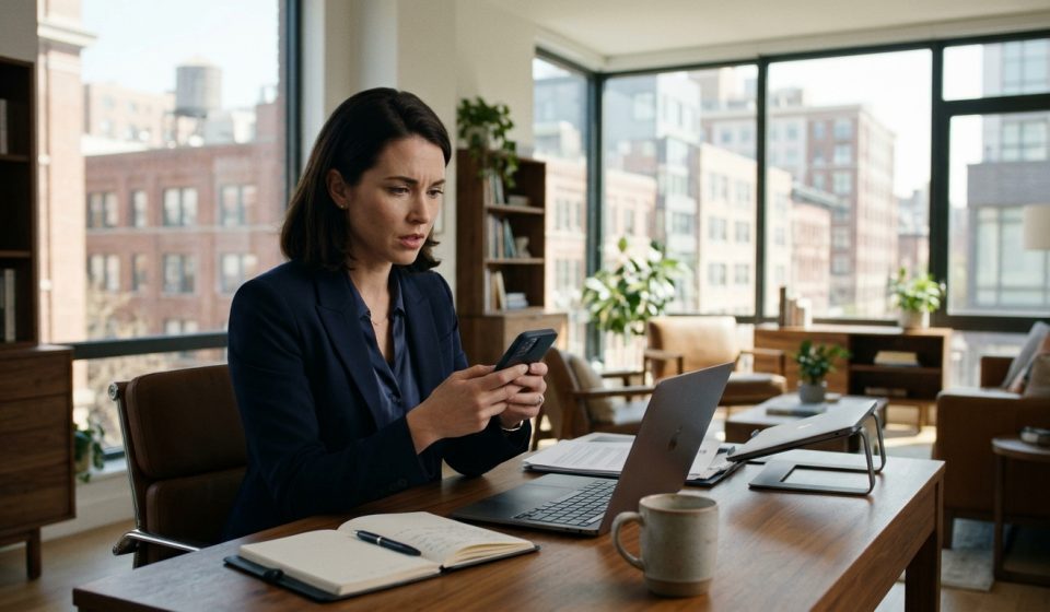 A 32-year-old professional woman sits in her modern apartment, looking shocked at a family message on her phone while reviewing property records on her laptop.