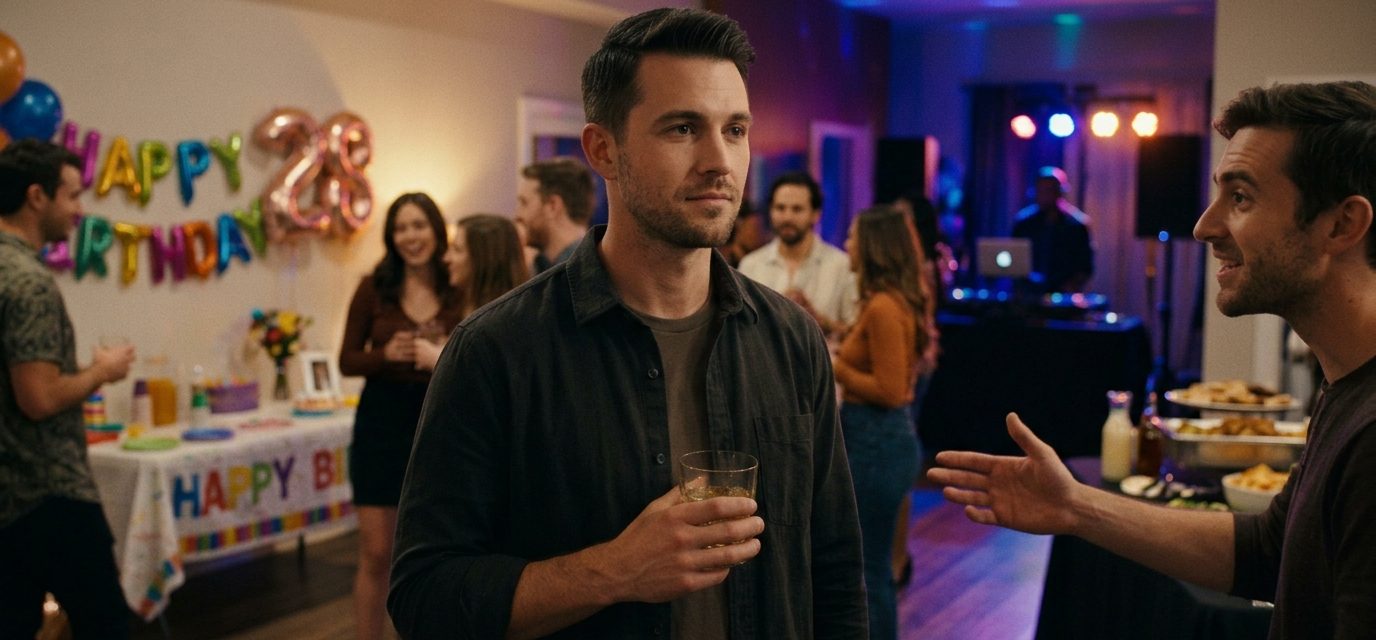 A disappointed young man holding a drink at his birthday party while friends celebrate around him, unaware of his relationship troubles.