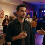 A disappointed young man holding a drink at his birthday party while friends celebrate around him, unaware of his relationship troubles.