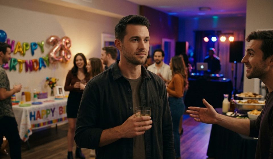 A disappointed young man holding a drink at his birthday party while friends celebrate around him, unaware of his relationship troubles.