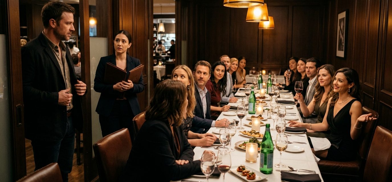 A shocked man discovers that his girlfriend has turned their private steakhouse date into a crowded dinner with eleven unexpected guests.