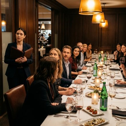 A shocked man discovers that his girlfriend has turned their private steakhouse date into a crowded dinner with eleven unexpected guests.