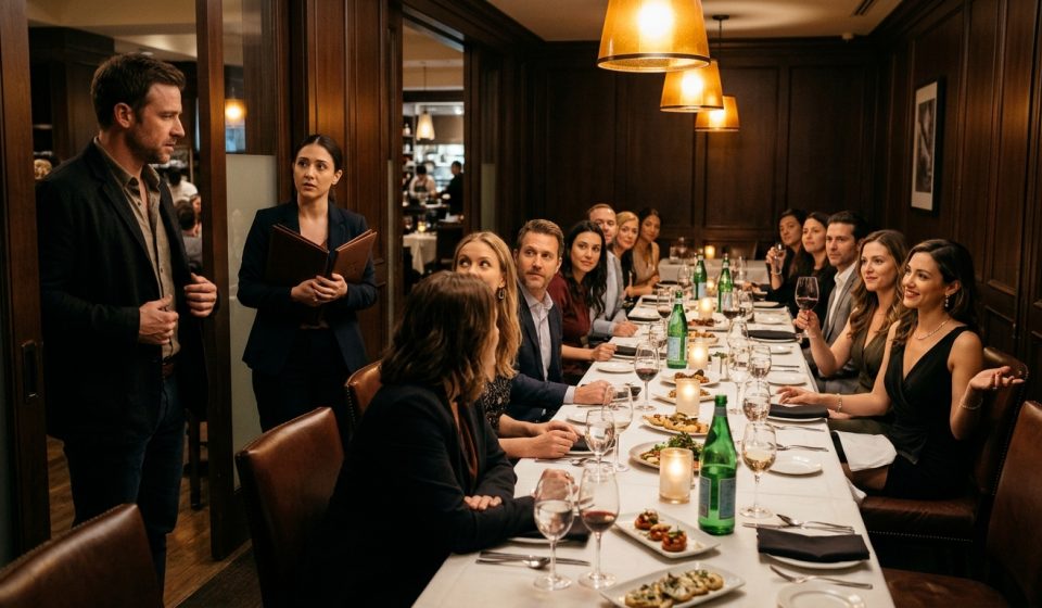 A shocked man discovers that his girlfriend has turned their private steakhouse date into a crowded dinner with eleven unexpected guests.