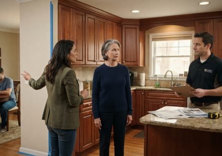 A mother confronts her daughter and a contractor in her kitchen after discovering unauthorized plans to remodel her home.