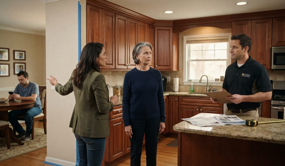 A mother confronts her daughter and a contractor in her kitchen after discovering unauthorized plans to remodel her home.