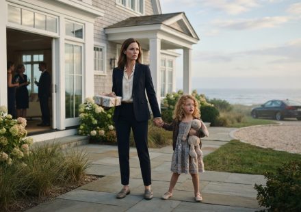 Six-year-old Emily grips her mother's hand outside a luxurious beach house and begs her not to enter the birthday party.