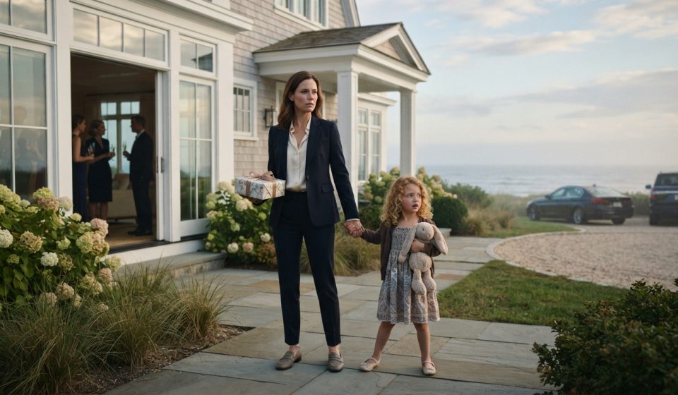 Six-year-old Emily grips her mother's hand outside a luxurious beach house and begs her not to enter the birthday party.